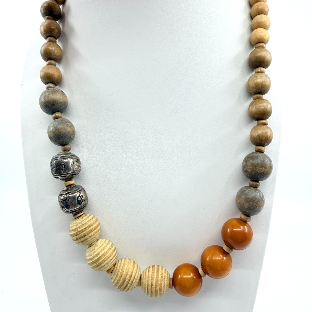 Vintage Y2K Boho Chunky Wood Acrylic Statement Necklace Brown Earthy Beaded